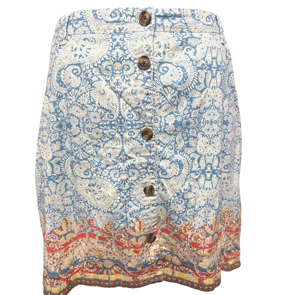 LANDS' END Blue Paisley A-Line Button Front Skirt w/ Pockets 16 Coastal Preppy‎